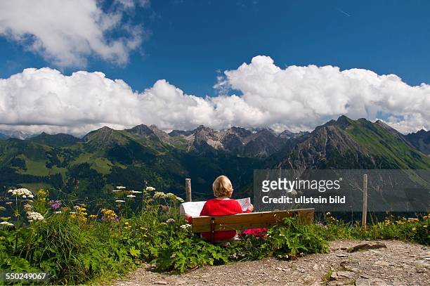 Panorama from Wallmendinger Horn east to the Allgäu Alps: woman resting on a bench