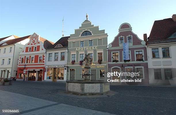 Brunnen vor historischen Wohnhäusern auf dem Markt in Cottbus