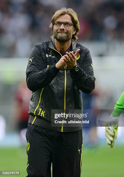 Fussball, Saison 2013-2014, 1. Bundesliga, 4. Spieltag, Eintracht Frankfurt - Borussia Dortmund 1-2, Jubel Trainer Juergen Klopp