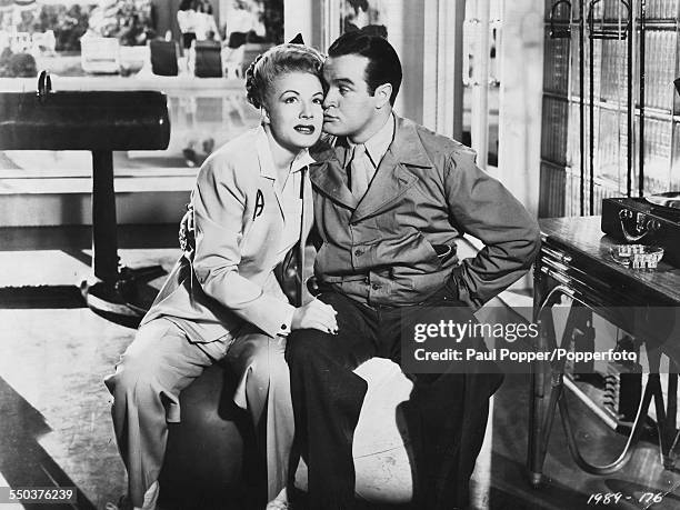 Actress Betty Hutton and entertainer Bob Hope pictured together in a scene from the film 'Let's Face It', 1943.