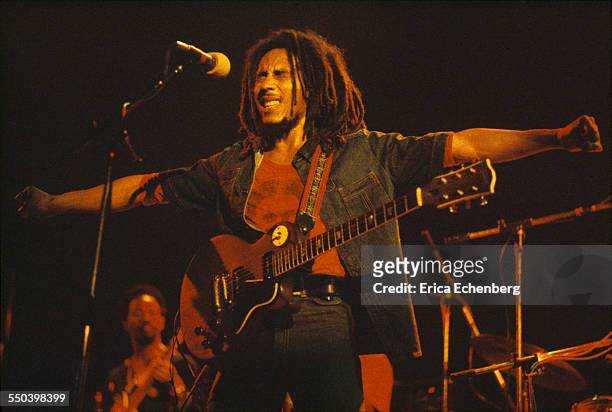 Bob Marley performs on stage, Hammersmith Odeon, London, United Kingdom, June 1976.