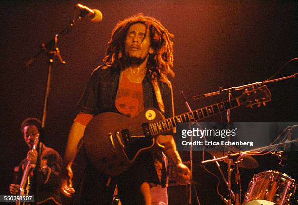 Bob Marley performs on stage, Hammersmith Odeon, London, United Kingdom, June 1976.
