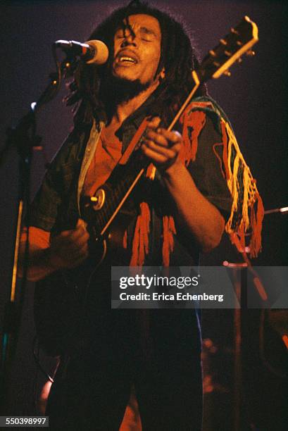 Bob Marley performs on stage, Hammersmith Odeon, London, United Kingdom, June 1976.