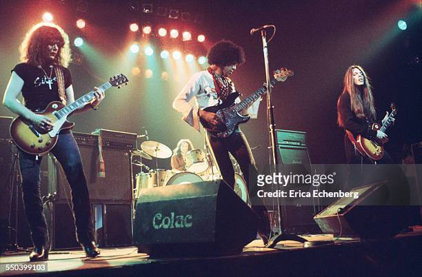Thin Lizzy perform on stage, New Victoria Theatre, London, United Kingdom, April 1976.
