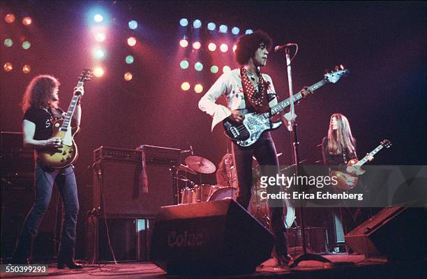 Thin Lizzy perform on stage, New Victoria Theatre, London, United Kingdom, April 1976.
