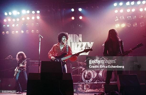 Thin Lizzy perform on stage, Hammersmith Odeon, London, United Kingdom, November 1976.