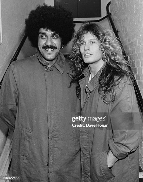 'White Snake' guitarist John Sykes and Phil Lynott, of the band 'Thin Lizzy', at the Video Cafe in London, February 27th 1985.