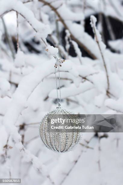 christmas ball hanging from a tree covered with sn - bola de navidad stock-fotos und bilder