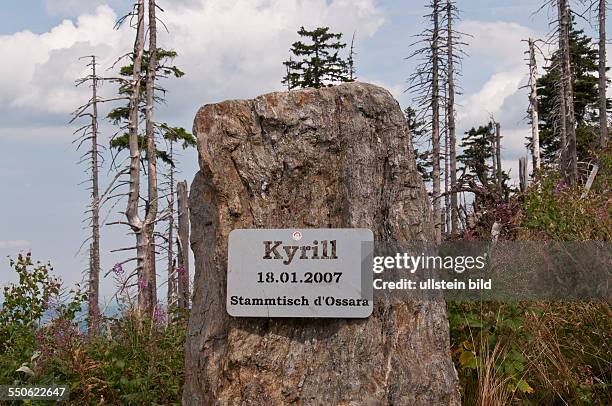 Ein Schild an einem Felsbrocken nahe des Gipfeld des Kleinen Osser bei Lohberg im Naturpark Bayerischer Wald weist uf den Orkann Kyrill hin, der im...