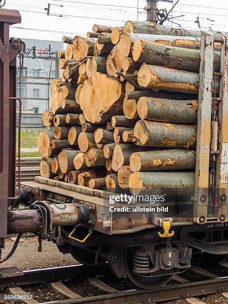 Wagon der Eisenbahn mit Holz beladen. Güterzug. Güterverkehr auf der Schiene