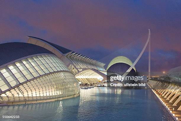 Bauten der Stadt der Künste und der Wissenschaft nach Plänen des Architekten Santiago Calatrava in Valencia im Abendlicht