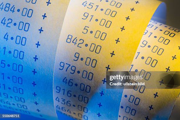 Der Rechenstreifen eines Taschenrechners auf weißem Hintergrund. Symbolfoto für Controlling, Buchhaltung, Steuern und Finanzen