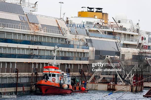 Costa Concordia after parbuckling operations, Island of Giglio, Tuscany Italy