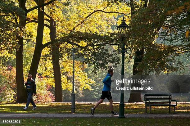 Herbstlich gefärbtes Laub im Großen Tiergarten in Berlin-Tiergarten. Spaziergänger genießen die Ruhe im Park. Am Wegrand steht eine historische...