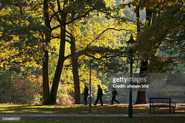 Herbstlich gefärbtes Laub im Großen Tiergarten in Berlin-Tiergarten. Spaziergänger genießen die Ruhe im Park. Am Wegrand steht eine historische...