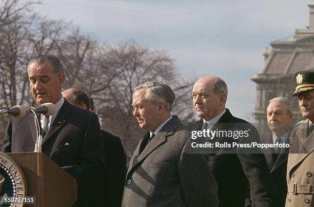 President of the United States, Lyndon B. Johnson makes a welcoming speech for Prime Minister of the United Kingdom, Harold Wilson after Wilson's...