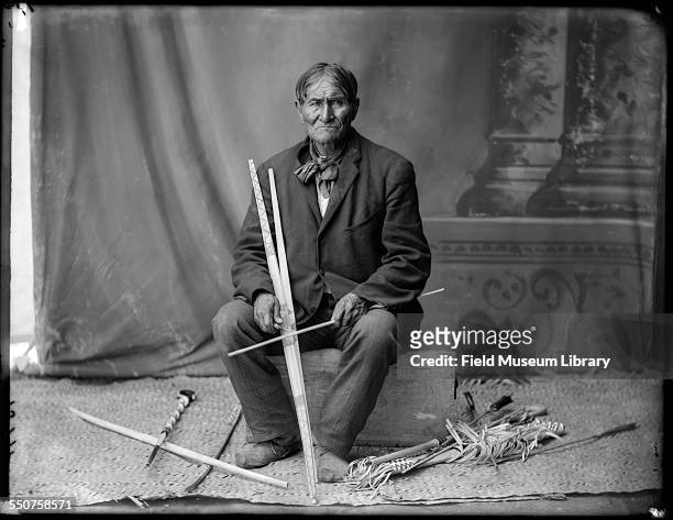 Portrait of Native American Apache Geronimo, seated at the Louisiana Purchase Exposition, St Louis, Missouri, June 6, 1904.