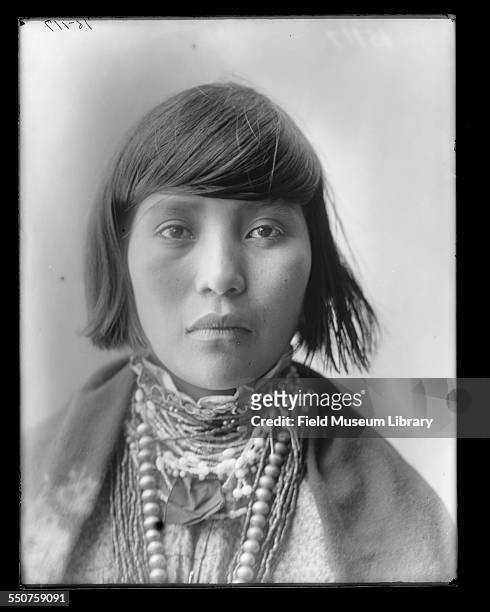 Portrait of an unidentified Native American man of the Acoma tribe, wearing various beaded necklaces at the Louisiana Purchase Exposition, St Louis,...