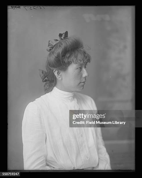 Portrait of Grace Waukon, a Native American Ponca Cherokee woman at the Louisiana Purchase Exposition, St Louis, Missouri, June 6, 1904. From Bureau...