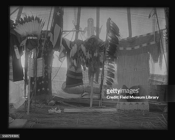 Interior view of a Native American Arapaho tipi , possibly of Chief Black Coyote many Indian articles) at the Louisiana Purchase Exposition, St...
