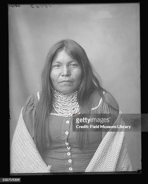 Portrait of Mrs Henry Boatman, a Native American Maricopa woman wearing a shawl and bead necklaces at the Louisiana Purchase Exposition, St Louis,...