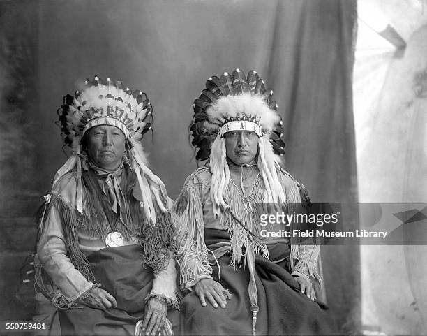 Seated portrait of Native American Cheyenne men Richard A Davis, left, and Bull Bear wearing feather headdresses at the Louisiana Purchase...