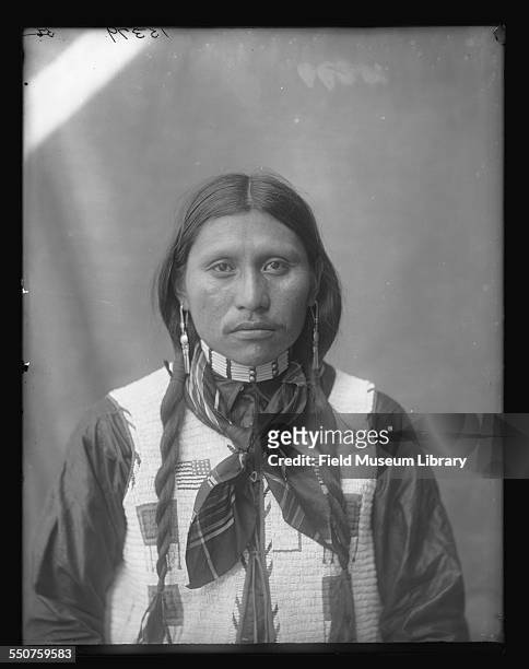 Portrait of Christin or Christine Pisente, age 39, a Native American Apache, seated, wearing beaded vest, kerchief tied around his neck, braids and...
