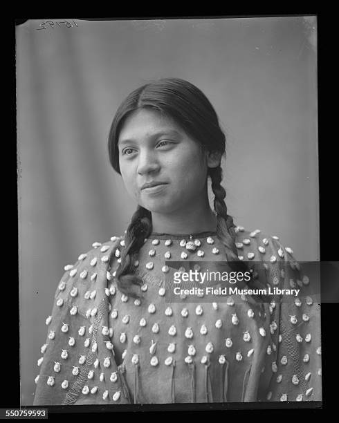 Portrait of Lena Cayuga, a young Native American Seneca woman, aged 17 years, wearing her hair in braids at the Louisiana Purchase Exposition, St...