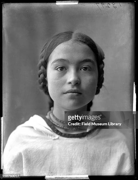 Portrait of Nancy Columbia, a young Native American girl from Alaska, who was born at the 1893 World's Columbian Exposition in Chicago at the...