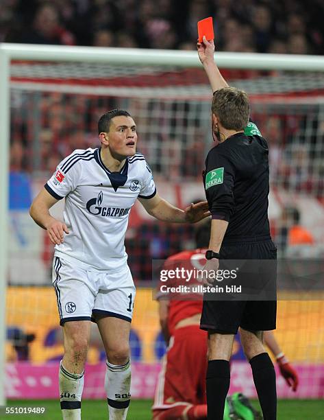 Fussball, Saison 2013-2014, 1. Bundesliga, 23. Spieltag, FC Bayern Muenchen - FC Schalke 04, Kyriakos Papadopoulos , li., sieht nach seinem Foul die...