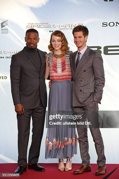 Berlin, Germany, April 15, 2014: Actor Jamie Foxx, actress Emma Stone and actor Andrew Garfield attend at the film premiere of "The Amazing Spiderman...