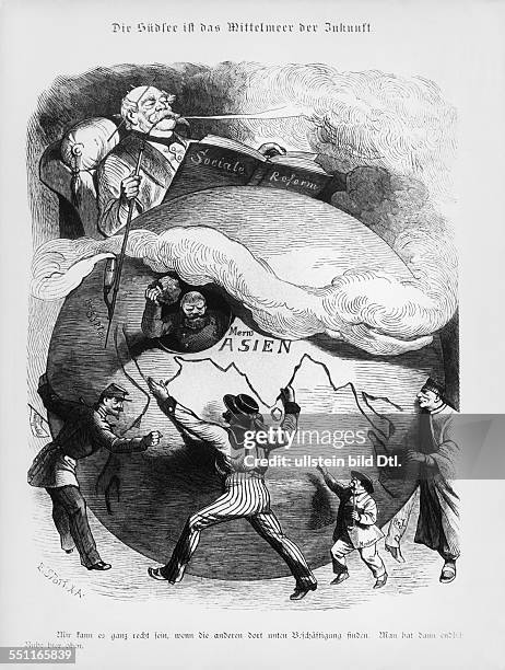 While the Great Powers and Holland look after Asia and Africa, Bismarck studies the work of social reform, caricature of "Kladderadatsch".