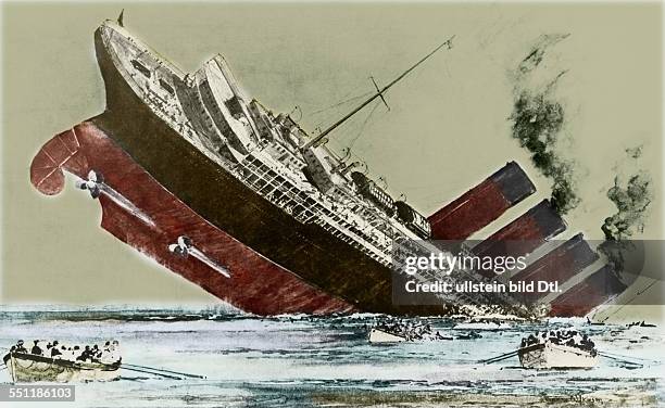 The sinking of the Cunard liner Lusitania, 7 May 1915, by a German submarine off the coast of Ireland.