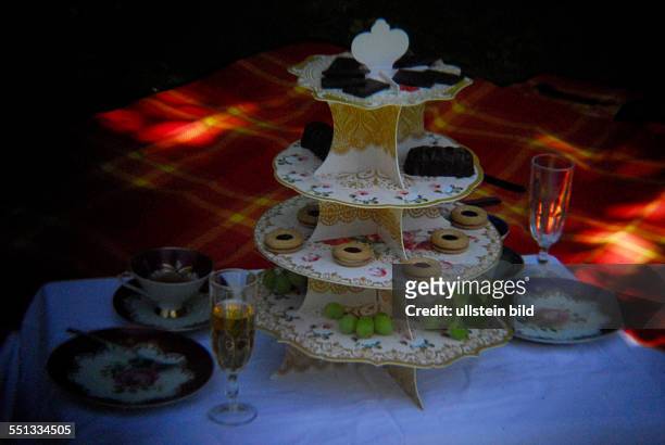 Verschiedene Speisen und Getränke auf einem gedeckten Tisch beim Viktorianischen Picknick im Rahmen des 23. Wave-Gotik-Treffens in Leipzig