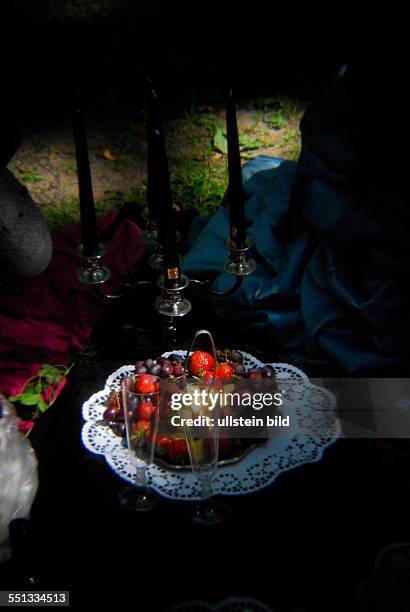 Verschiedene Speisen und Getränke auf einem gedeckten Tisch beim Viktorianischen Picknick im Rahmen des 23. Wave-Gotik-Treffens in Leipzig