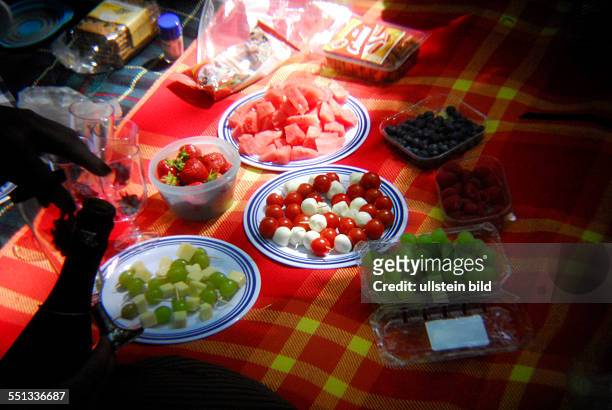 Verschiedene Speisen und Getränke auf einem gedeckten Tisch beim Viktorianischen Picknick im Rahmen des 23. Wave-Gotik-Treffens in Leipzig