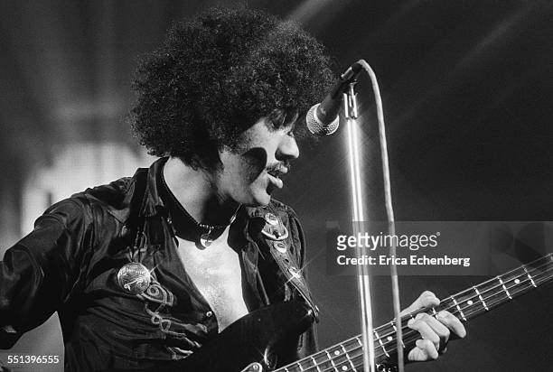 Phil Lynott of Thin Lizzy performs on stage at Colston Hall, Bristol, United Kingdom, October 22 1976.