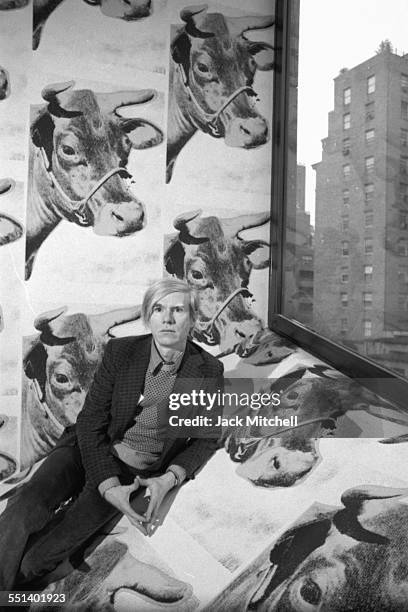 Andy Warhol photographed April 28, 1971 at his retrospective exhibition at the Whitney Museum of American Art in NYC.