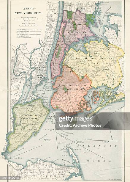 Color map of the five boroughs of New York City, circa 1900.