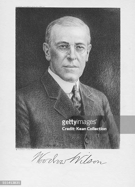 Engraved portrait of 28th US President Woodrow Wilson, with his signature, circa 1920.