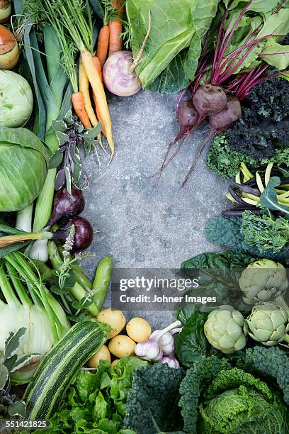 various vegetables against concrete background - raw food stock pictures, royalty-free photos & images