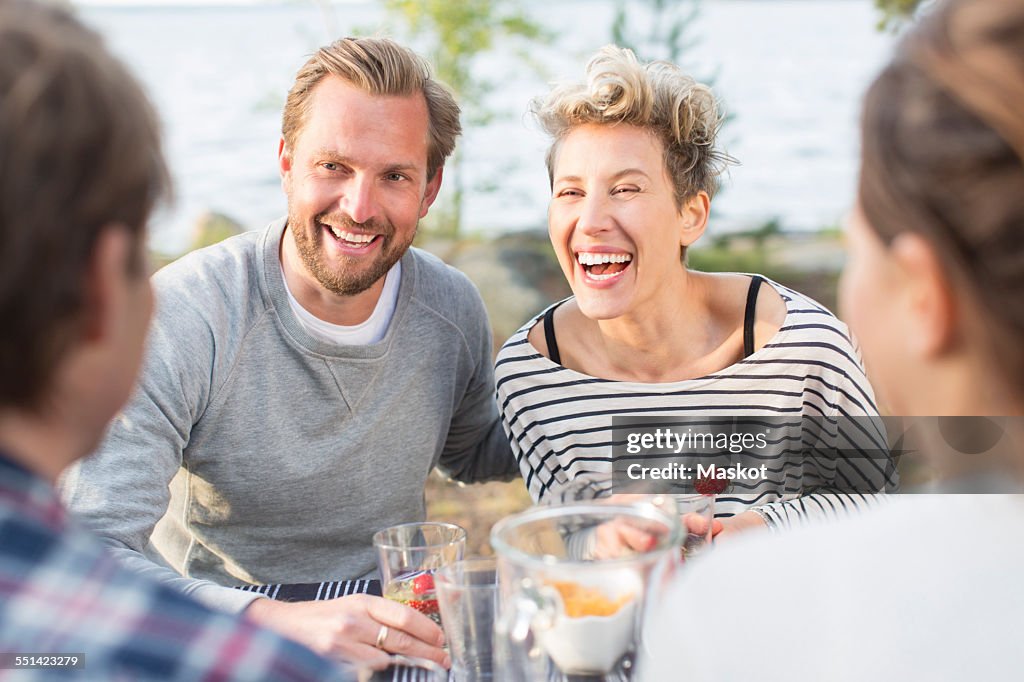 Happy friends enjoying during lunch at picnic table