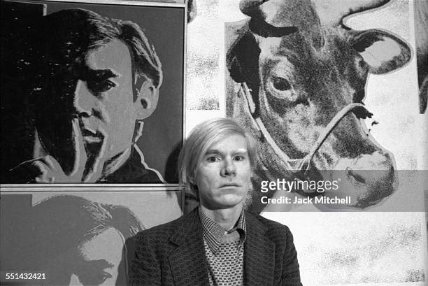 Andy Warhol photographed April 28, 1971 at his retrospective exhibition at the Whitney Museum of American Art in NYC.