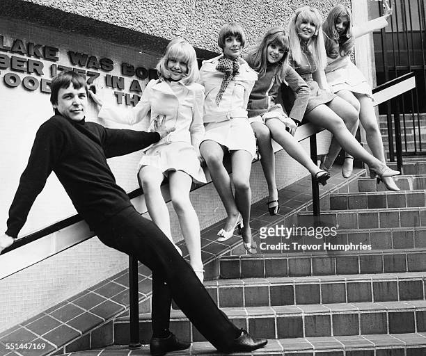 Portrait of actor Barry Evans with the five actresses who will play his girlfriends in the film 'Here We Go Round the Mulberry Bush': Judy Geeson,...