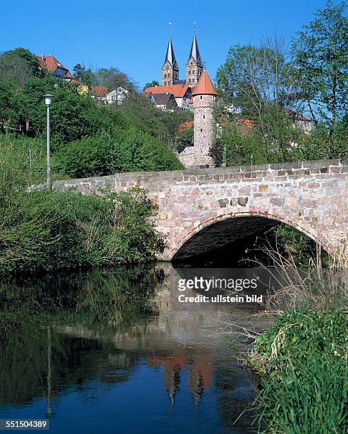 Fritzlar, Eder, West Hesse Highlands, Hessian Highlands, Hesse, river landscape, brook, stone bridge, Winter Tower, defence tower, St. Peter...