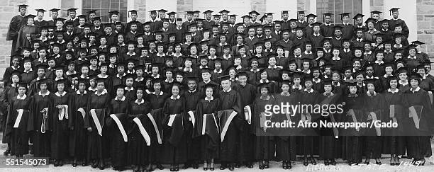 The graduating class of Baltimore Morgan State College of 1949 under the new president Dr Martin Jenkins, seated in rows for a portrait, including...
