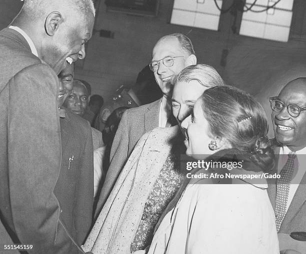 Dr Benjamin E Mays, president of Morehouse College in Atlanta surrounded by admirers, when he addressed a Religion-in-Life Week assembly, Atlanta,...