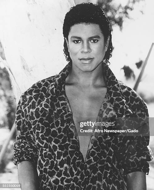 Portrait, publicity shot of Jermaine Jackson, the singer and ex member of the Jackson Five, in a patterned jacket with an open collar exposing his...