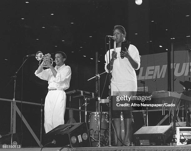 Tom Browne, the trumpet player playing in front of a large audience during Harlem Weeks Saturday Nite music festival in New York, New York, December...