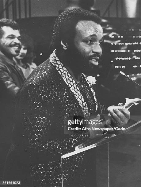 The Gospel singer Andrae Crouch at the Annual Dove Awards, for Contemporary Black Gospel Music Album of the Year, January 4, 1977.